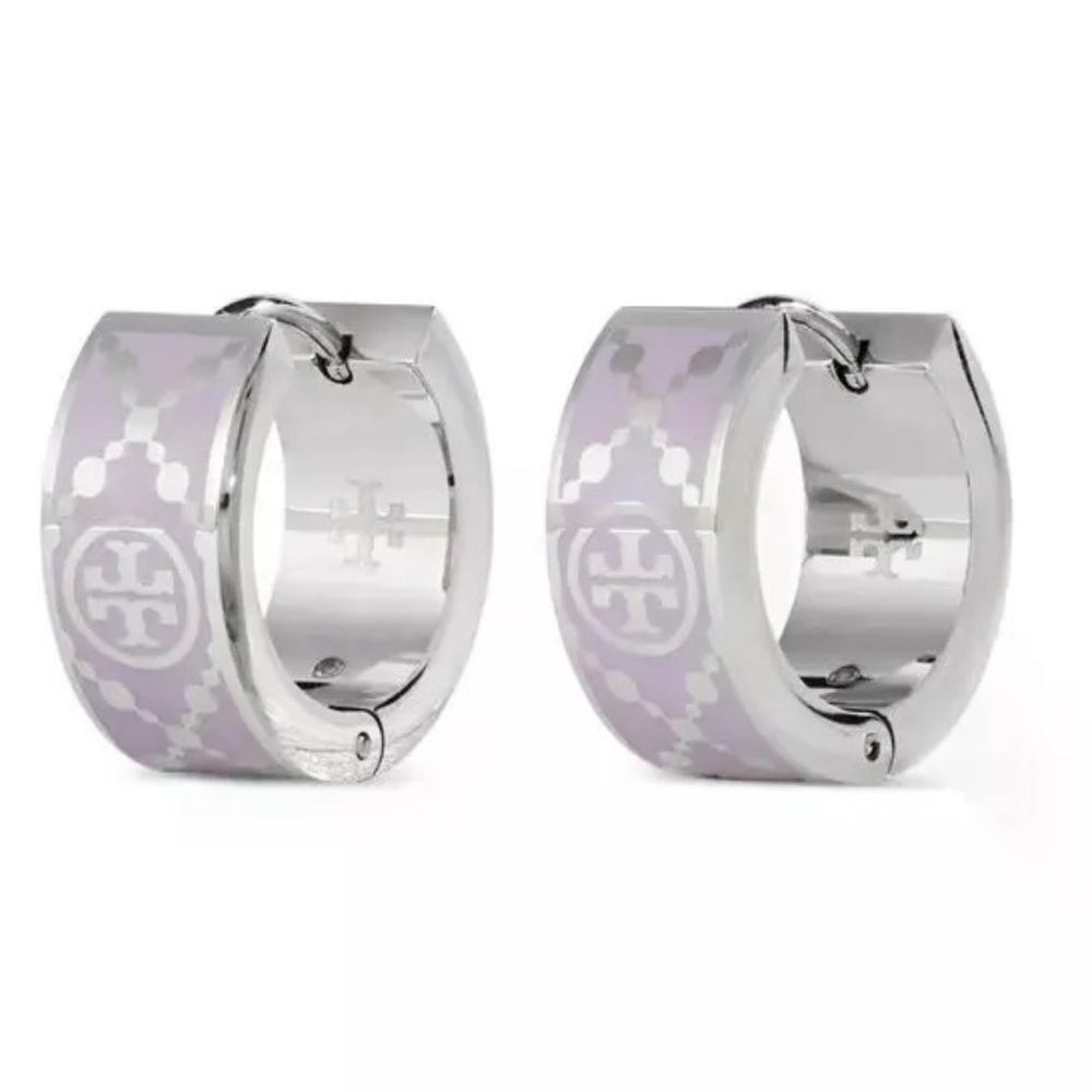 NWT Tory Burch Small T Monogram Hoop Earrings
Platinum/Lilac